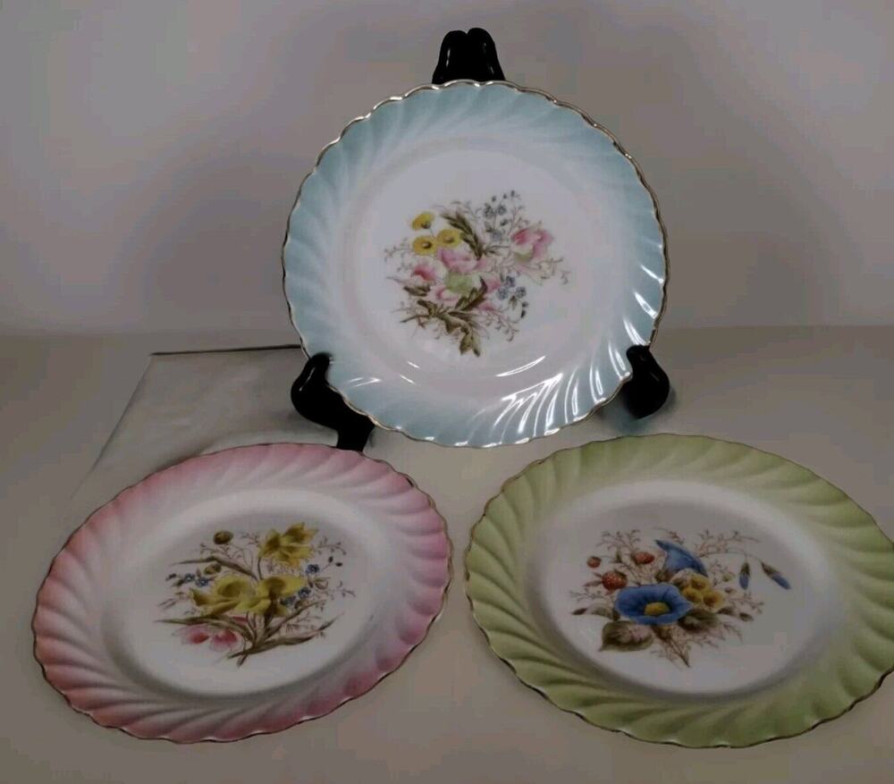 3 Vintage 8" Hand Painted Plates with Swirl Rim - Floral Center - Gold Trim